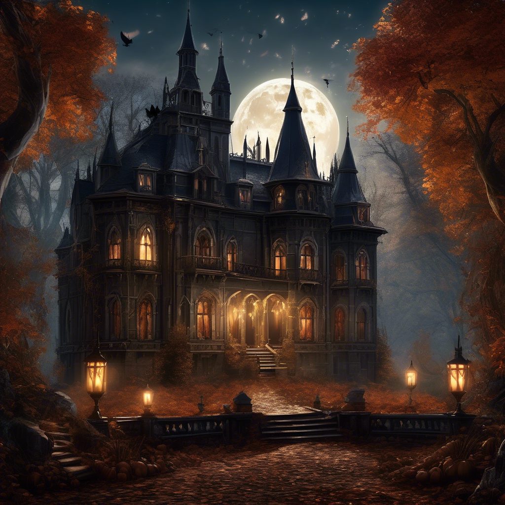 On this dark night, a full moon illuminates this mysterious mansion.