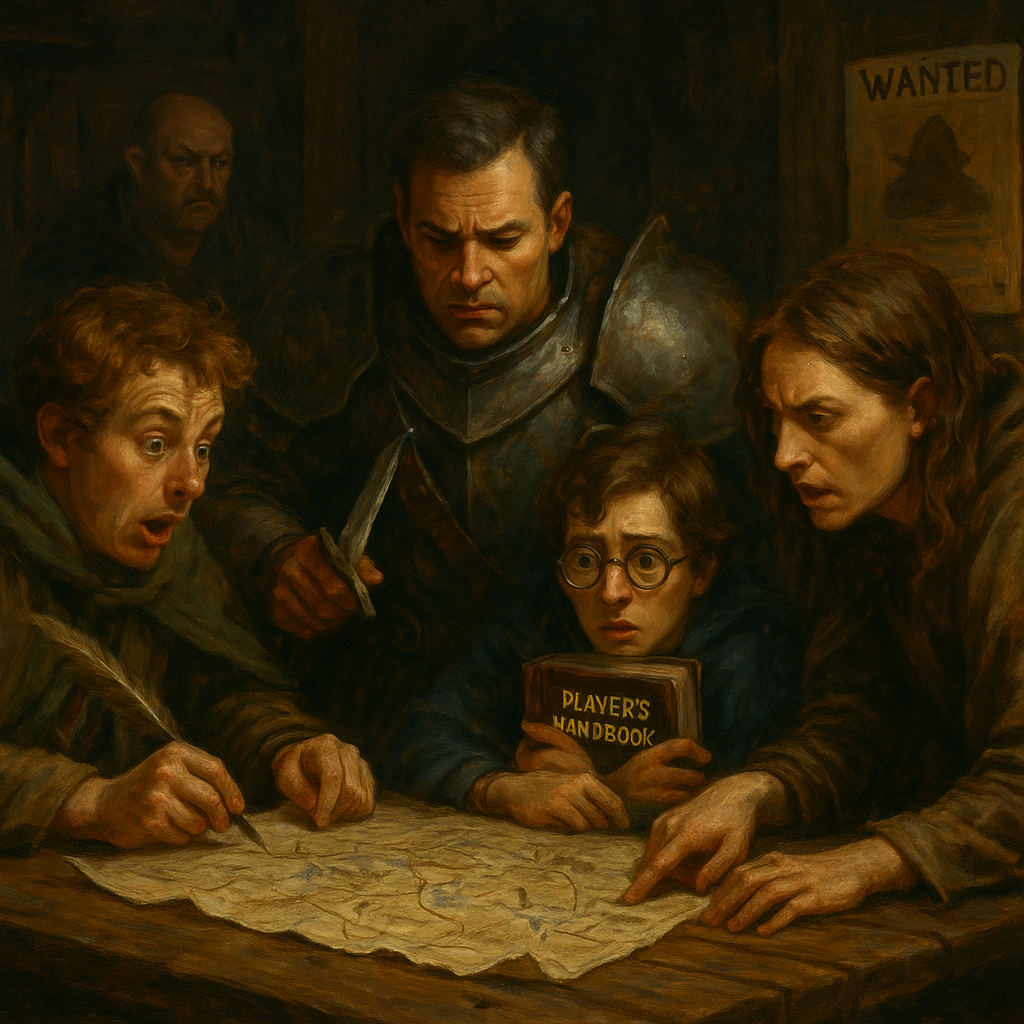Adventurers in a tavern crowded around a map they're all considering.