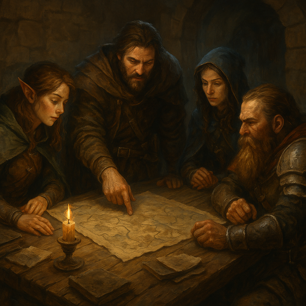 A group of adventurers huddled around map on a table planning their next move.