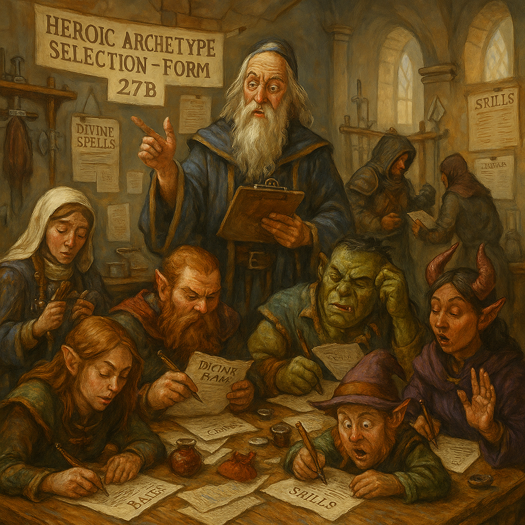 A group of (mostly) bored fantasy creatures sitting around a table working on their character sheets