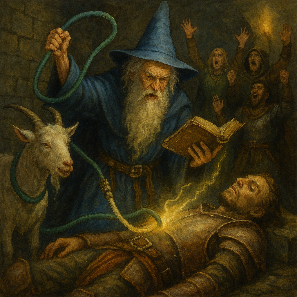 A wizard using goats and garden hoses as part of a spell to resurrect a character. The remainder of the character's party is doing a chant in the background.