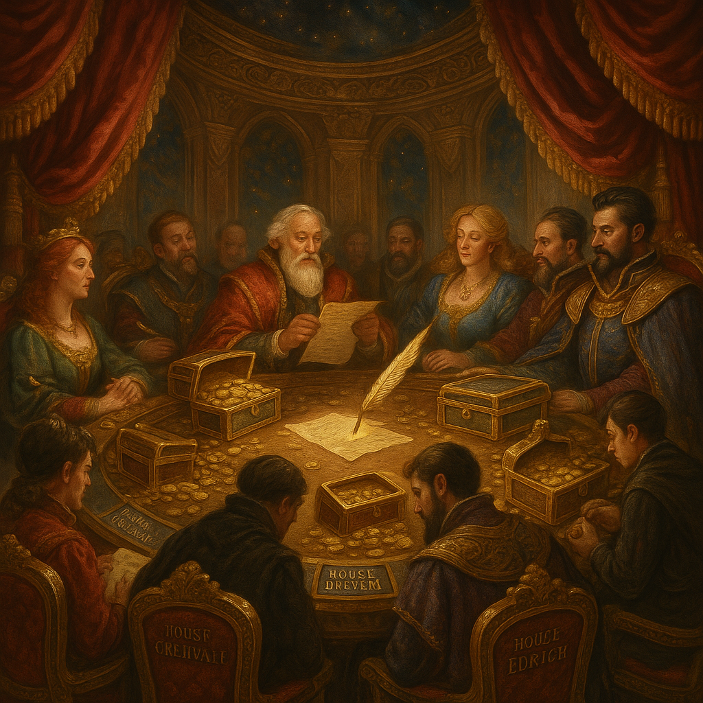 An intimate yet opulent room containing a number of nobles, some of whom have brought chests of money for the purpose of influencing the laws being written.