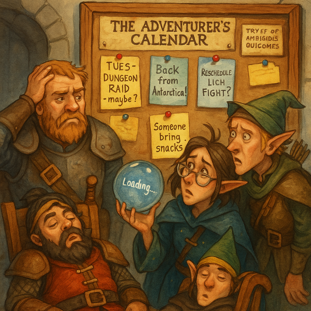 Five adventurers standing before a bulletin board which has papers pinned to it reading "Tues - DUNGEON RAID - maybe?", "Back from Antarctica!", "Reschedule Lich Fight?", "Someone bring snacks", "Tray of Ambiguous Outcomes"