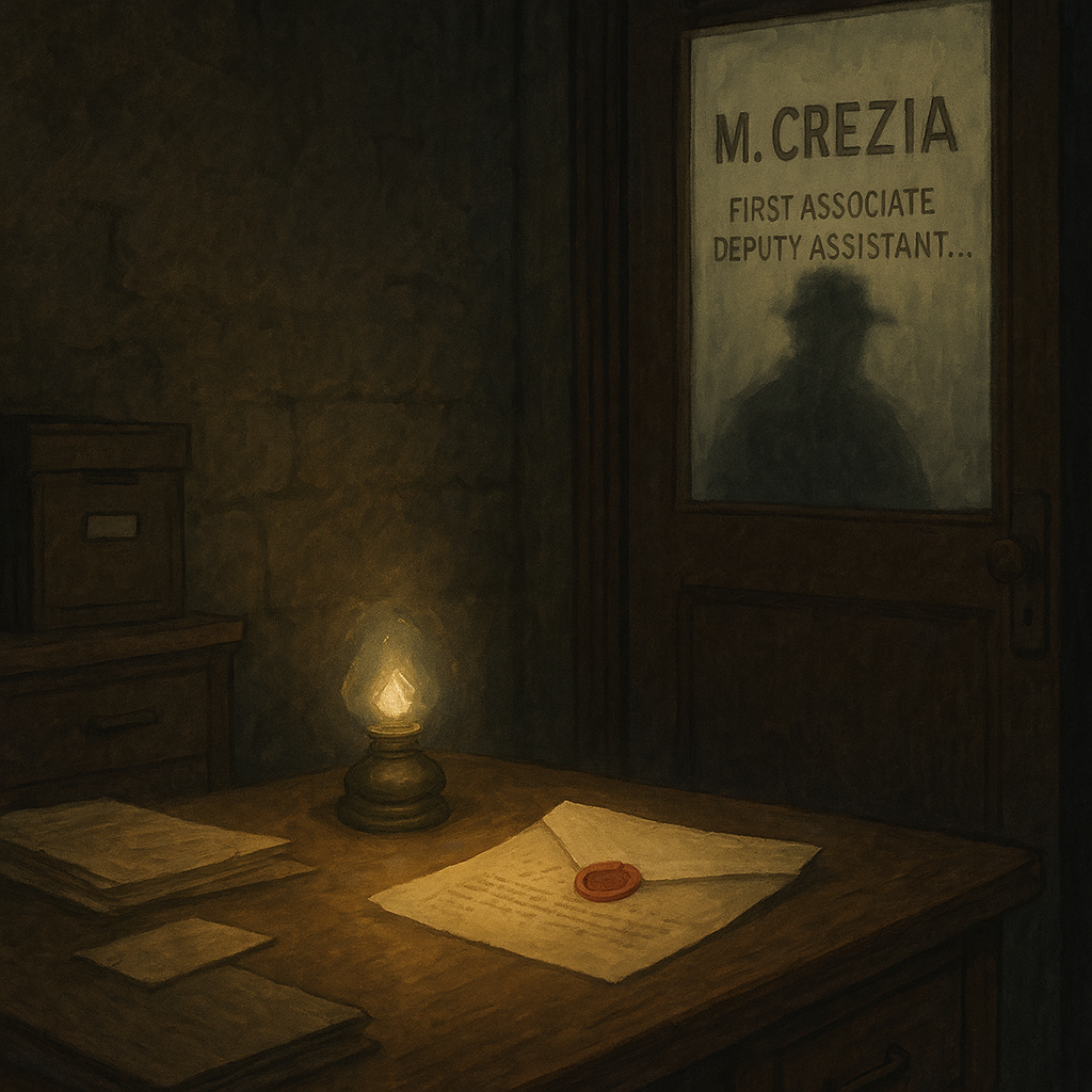 A shadowy figure lurks outside of M. Crezia's door as, inside the office, we see a letter dimly lit by a lamp.