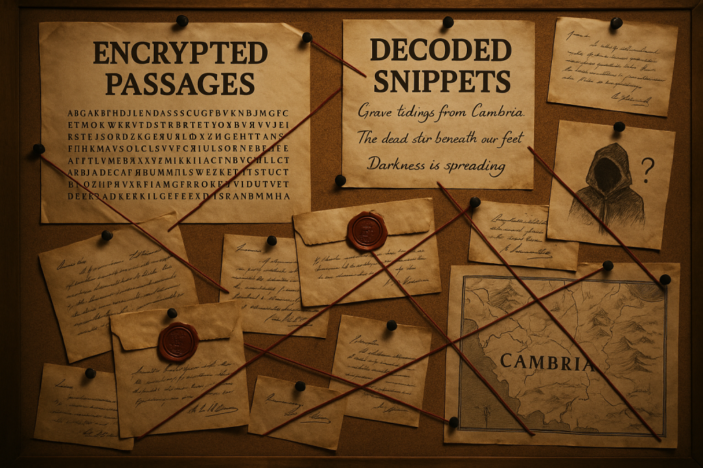 A conspiracy board with many letters, some of them encrypted, pinned to it.