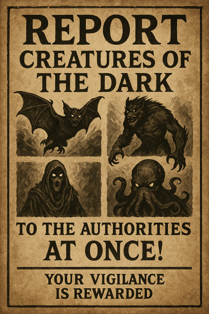 A poster reading "Report creatures of the Dark to the authorities at once! Your vigilance is rewarded"