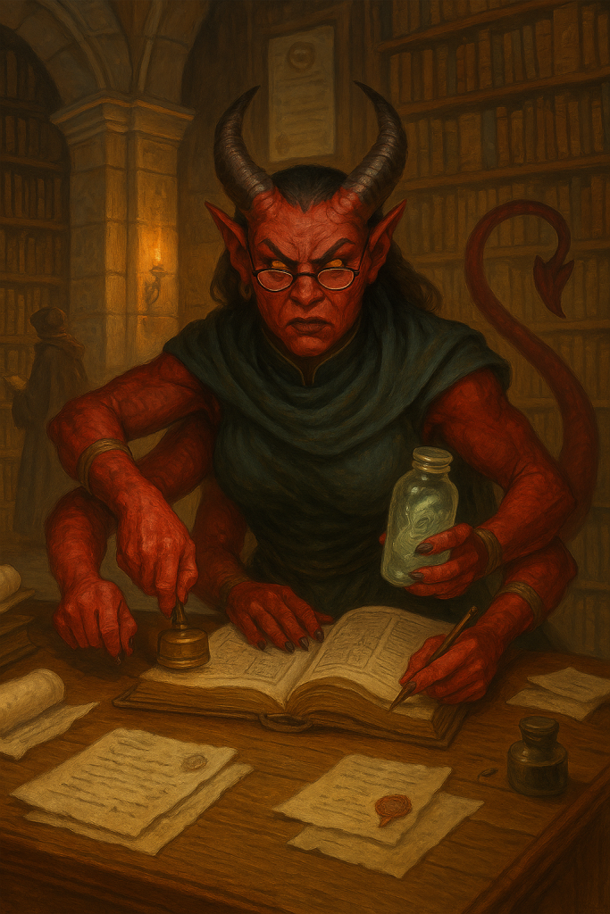 A six armed, red skinned, horned demon from the Abyss now serves as a librarian