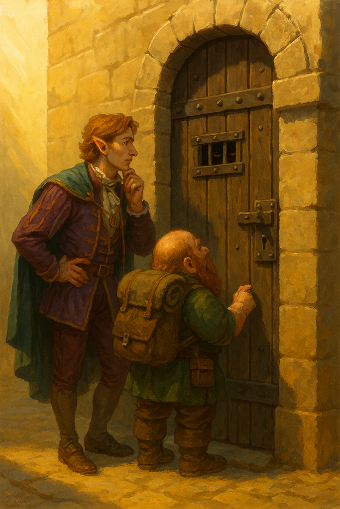 A half-elf and a dwarf stand before a stout door that will not open