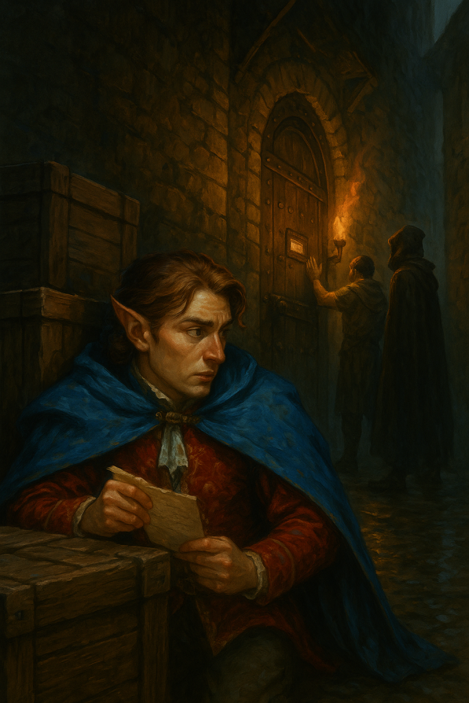 A half elf crouches in a dark alley observing patrons entering a speakeasy