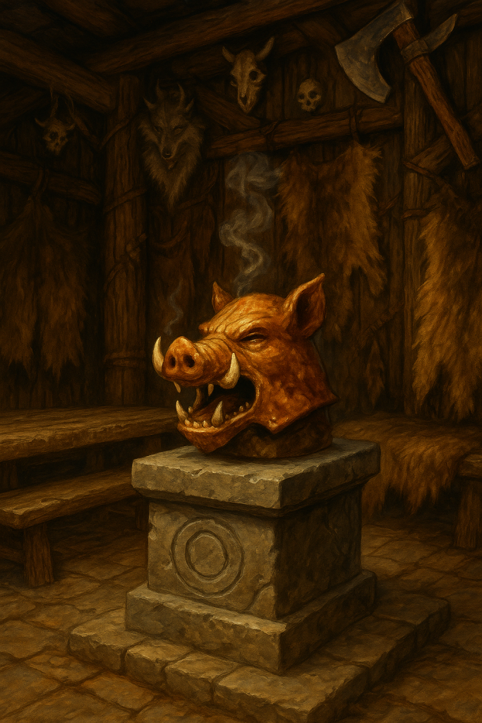 A rough-hewn timber hall lined with pelts and crude trophies. At the center, on a stone plinth, rests a roast boar helmet — tusks gleaming, jaw open in a perpetual snarl. Smoke curls faintly from its nostrils.