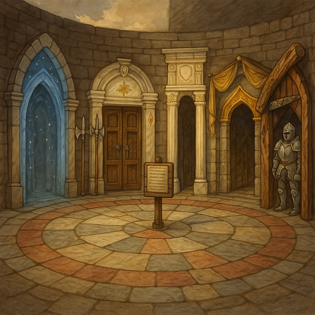 A broad circular courtyard paved with mismatched marble tiles, each segment in a different color and shape yet fitted perfectly into the ring. Around the outer edge are six evenly spaced doorways, each styled to suggest the class it represents.